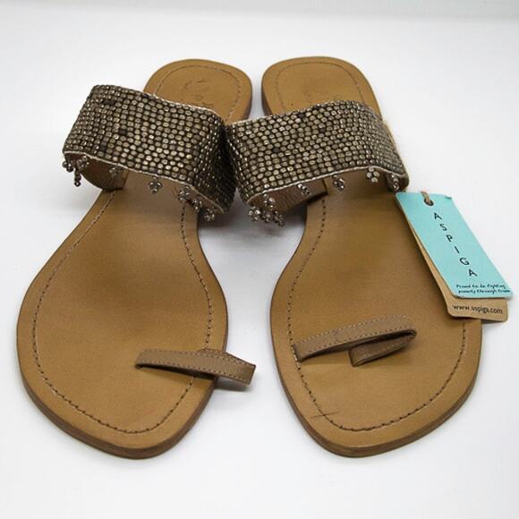 ASPIGA Women New Hand Crafted Leather & Metal Beaded Boho Slide with Toe Cuff 42 - Picture 2 of 9